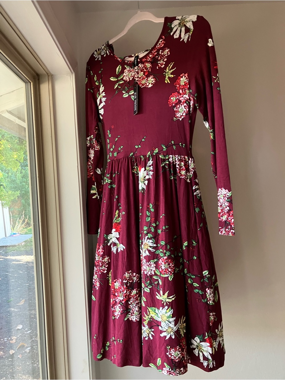 Women's Burgundy Floral Long-Sleeve Fit & Flare Dress